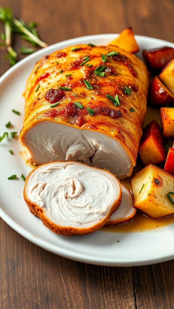 Sliced air fryer pork tenderloin on a plate with roasted vegetables, garnished with herbs.